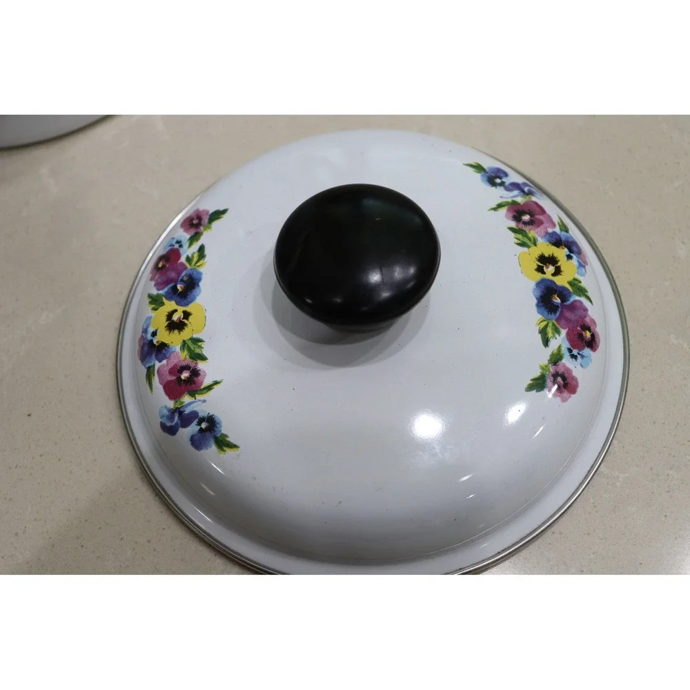 Vintage GMI Enamelware Steamer Pot with Insert Floral Pansy White 5.75x7.5in